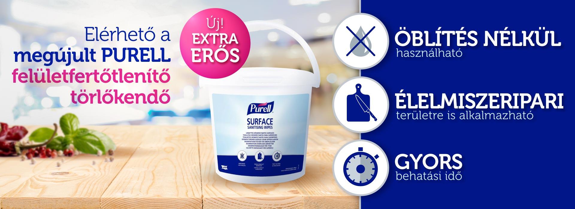 PURELL Surface extra erős, szöszmentes felületfertőtlenítő kendő élelmiszeripari területre is PURELL Surface extra erős, szöszmentes felületfertőtlenítő kendő élelmiszeripari területre is