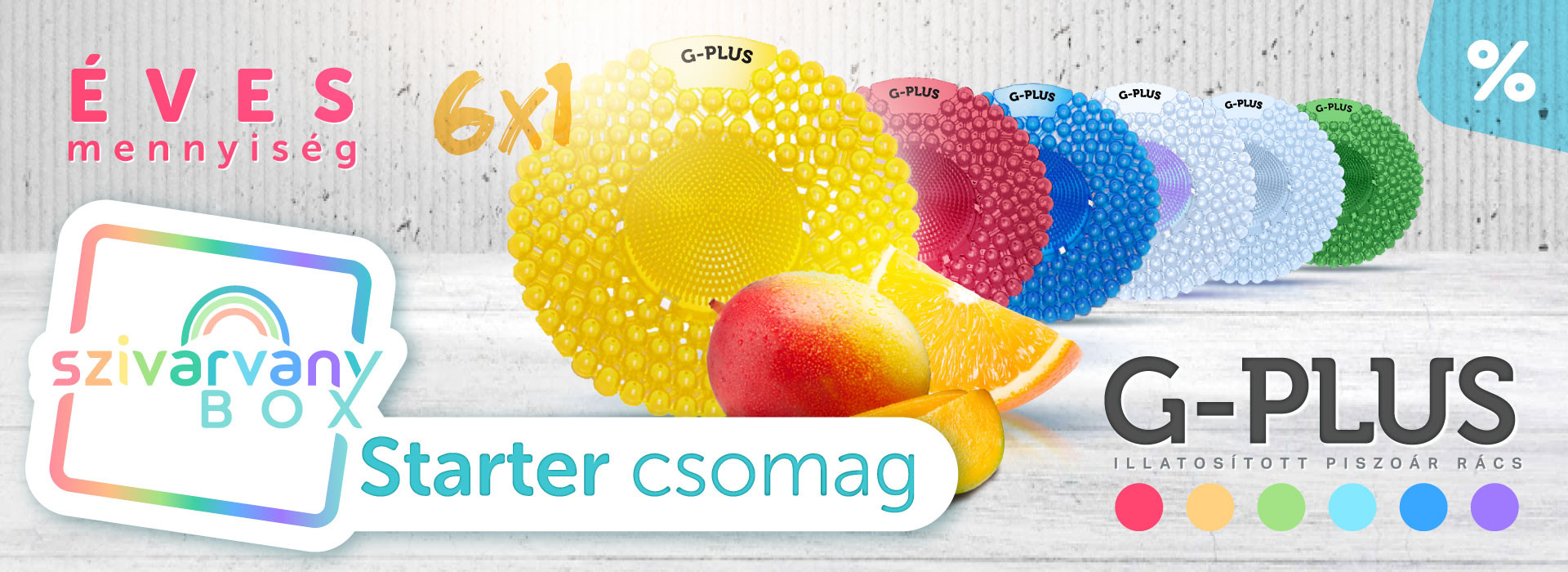 Szivárvány Box kedvezményes Starter csomag, egy évre elegendő G-PLUS enzimköves piszoár ráccsal Szivárvány Box kedvezményes Starter csomag, egy évre elegendő G-PLUS enzimköves piszoár ráccsal