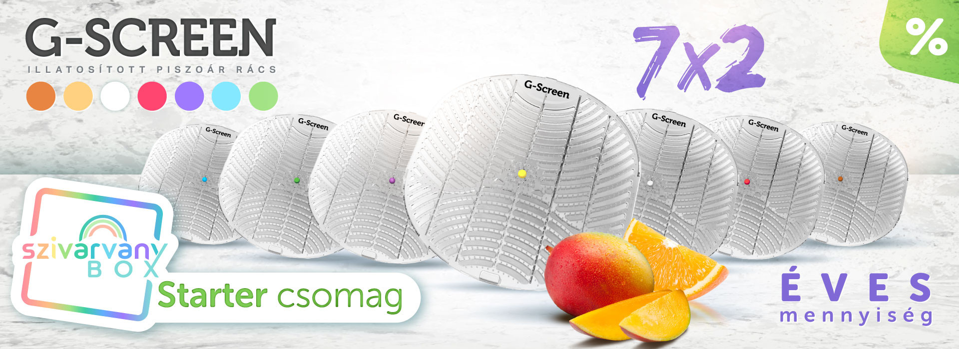 14db-os G-Screen illatosított piszoár rács Szivárvány Starter Box 7 illattal - bergamott, mentol, dinnye, jeges frissesség, alma, óceán, mangó 14db-os G-Screen illatosított piszoár rács Szivárvány Starter Box 7 illattal - bergamott, mentol, dinnye, jeges frissesség, alma, óceán, mangó