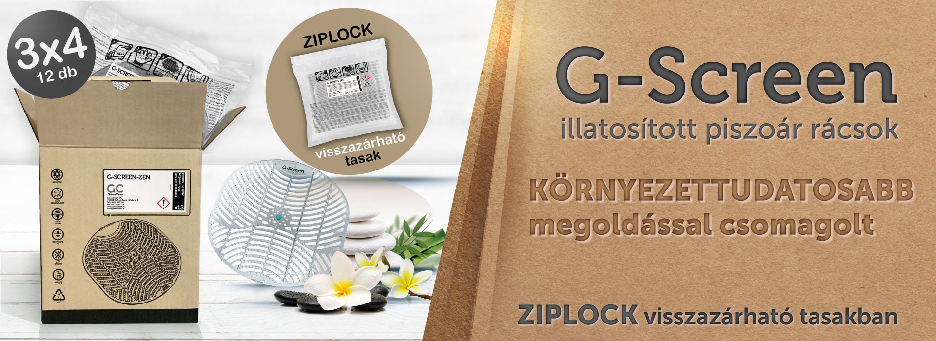 környezettudatosabb ZIPLOCK viszazárható tasakba csomagolt G-Screen piszoár rácsok környezettudatosabb ZIPLOCK viszazárható tasakba csomagolt G-Screen piszoár rácsok