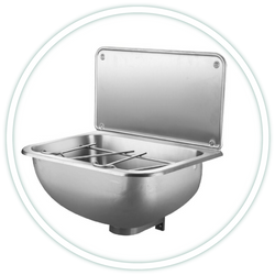 AISI304-es rozsdamentes acéllemezből mélyhúzott fali kiöntő, falikút kóracél ráccsal, hátlappal, leeresztőszeleppel ellátva AISI304-es rozsdamentes acéllemezből mélyhúzott fali kiöntő, falikút kóracél ráccsal, hátlappal, leeresztőszeleppel ellátva