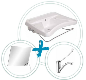 V-Air Solid illatosító kehely tartó MVP, V-AIR Solid Evolution Ice - Cool jeges frissesség illatú légfrissítő kehely, amely folyamatosan változó illatot bocsát ki 60 napon keresztül Akadálymentes konkáv kialakítású, porcelán mosdókagyló pneumatikus döntőberendezéssel könyöktámasszal, karos DELABIE csappal és dönthető tükörrel