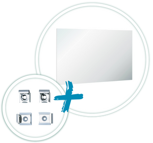 a 4 mm vastag csiszolt szélű fali tükör, 600 x 400 mm méretben. 4db-os r.m. acél DELABIE tükörrögzítő szettel a 4 mm vastag csiszolt szélű fali tükör, 600 x 400 mm méretben. 4db-os r.m. acél DELABIE tükörrögzítő szettel