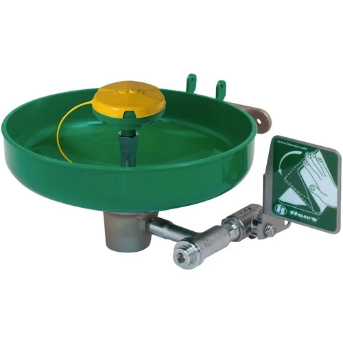 Fali sürgősségi szemmosó és arcmosó egység AXION öblítőfejjel, nyomólapos működtetéssel, zöld ABS tál, öntött alumínium fali rögzítőkonzol, sárga porvédő kupak