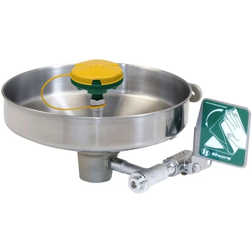 Fali sürgősségi szemmosó és arcmosó egység AXION öblítőfejjel, nyomólapos működtetéssel, rozsdamentes acél tál, öntött alumínium fali rögzítőkonzol, sárga porvédő kupak