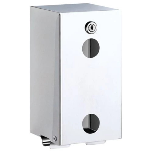 DELABIE vandálbiztos kistekercses WC-papír adagoló, szögletes, 1 mm vastag r.m. acél, fényes, 2 tekercses, szintjelzővel, kulccsal zárható, szemből nyitható