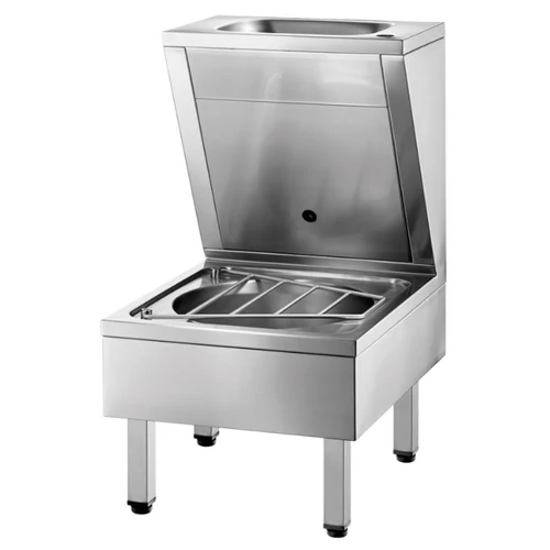 Kézmosó kiöntő ráccsal, leeresztő szelepekkel, álló, állítható lábakkal, jobb oldali 35mm csapfurattal, r.m. acél, selyem