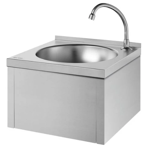 DELABIE rm acél fali kézmosó térdműködtetésű, időzített nyomólappal, kifolyóval, mechanikus előkeverővel