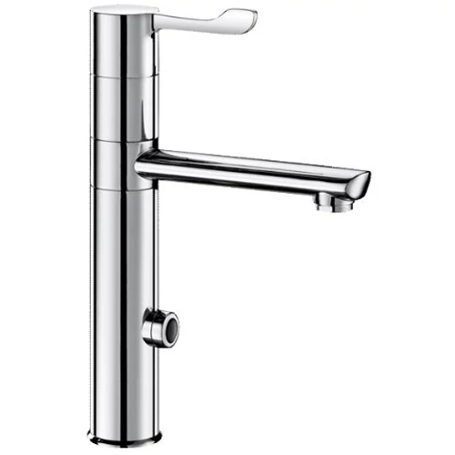 DELABIE álló infra mosdó csaptelep 160 mm magas lengő kifolyóval, 100 mm hosszú hőmérséklet szabályzó karral, blokkolásgátlós, 24 óránkénti higiénés öblítés, 230V hálózati