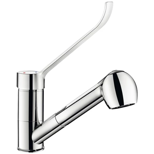 DELABIE kézi keverőkaros mosogató csaptelep hosszú karral, lengő kifolyóval, kihúzható fejjel, álló, 7 liter/perc