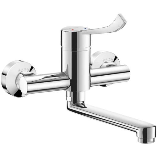 DELABIE SECURITHERM EP forrázásgátlós mosogató csaptelep nyomáskiegyenlítő keverővel, SECURITOUCH szigeteléssel, 200 mm lengő kifolyóval, H-M vízre, BIOFIL szűrőfej csatlakoztatási lehetőséggel, STOP/CHECK elzárószelepes falikorongokkal