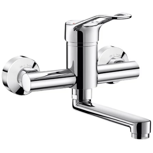 DELABIE SECURITOUCH szigetelésű fali mosogató csaptelep 150 mm-es lengő kifolyóval, ergonómikus karral, hideg-meleg vízre, BIOFIL szűrőfej csatlakoztatási lehetőséggel, takarótárcsába integrált STOP-PURGE elzárószeleppel