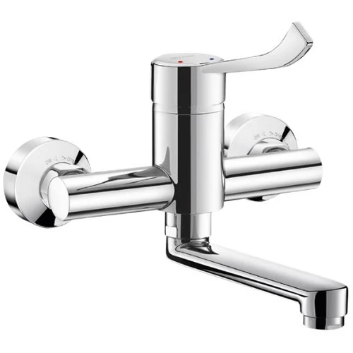 DELABIE SECURITOUCH szigetelésű orvosi karos fali mosogató csaptelep 150 mm-es lengő kifolyóval, hideg-meleg vízre, BIOFIL szűrőfej csatlakoztatási lehetőséggel, takarótárcsába integrált STOP-PURGE elzárószelepek