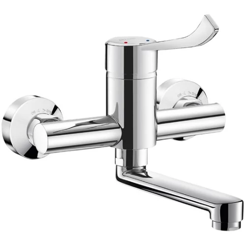 DELABIE SECURITHERM EP forrázásgátlós mosogató csaptelep nyomáskiegyenlítő keverővel, SECURITOUCH szigeteléssel, 150 mm lengő kifolyóval, H-M vízre, BIOFIL szűrőfej csatlakoztatási lehetőséggel, STOP/CHECK elzárószelepes falikorongokkal