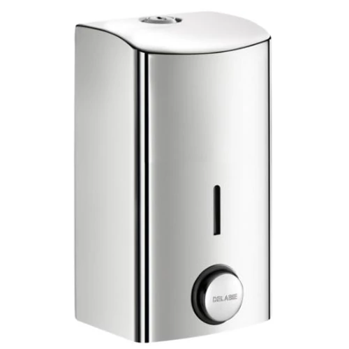 DELABIE nyomógombos szappanadagoló, lekerekített, SLIM dizájn, 500ml műanyag tartály, 1mm r.m. acél lemez, fényes