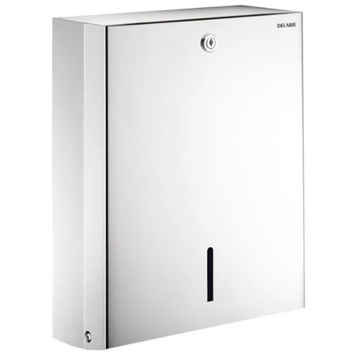 DELABIE C/Z hajtott vandálbiztos papírkéztörlő adagoló, 500 lap, zárható, r.m. acél, fényes