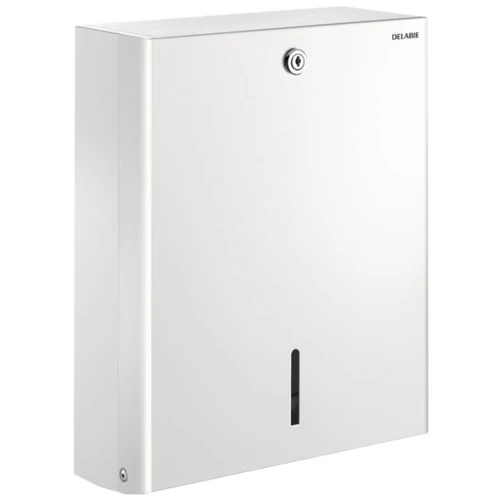 DELABIE C/Z hajtott vandálbiztos papírkéztörlő adagoló, 500 lap, zárható, acél, fehér