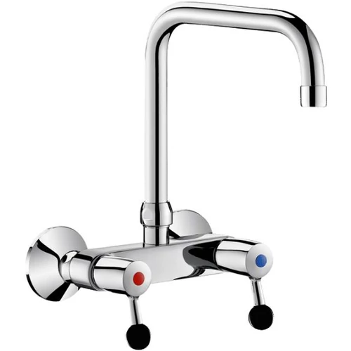 DELABIE fali nagykonyhai mosogató csaptelep simára kiképzett belső csőfelülettel hideg-meleg vízre, 200 mm hosszú lengő kifolyóval, negyedfordulatos tekeréssel elérhető a bőséges 60 liter/perc vízátfolyás