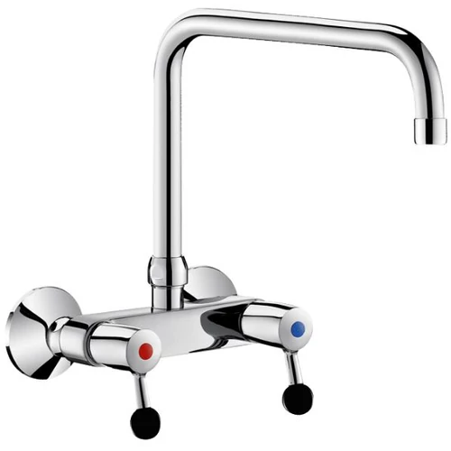 DELABIE fali nagykonyhai mosogató csaptelep simára kiképzett belső csőfelülettel hideg-meleg vízre, lengő kifolyóval, negyedfordulatos tekeréssel elérhető a bőséges 60 liter/perc vízátfolyás