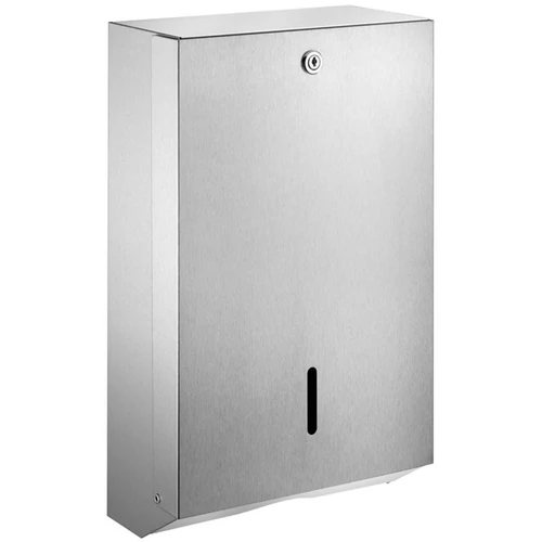 DELABIE vandálbiztos C/Z hajtott kéztörlő adagoló, 1mm vastag, selyem r.m. acél ház, zárható, H=450mm, akár 750 lap