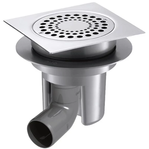 DELABIE padlóösszefolyó zuhanyzókhoz, 150x150 mm vandálbiztosan rögzíthető rozsdamentes acél rács, állítható magasság, 50 mm-es vízszintes vízelvezetés, könnyen tisztítható, magas hőállóságú PVC test