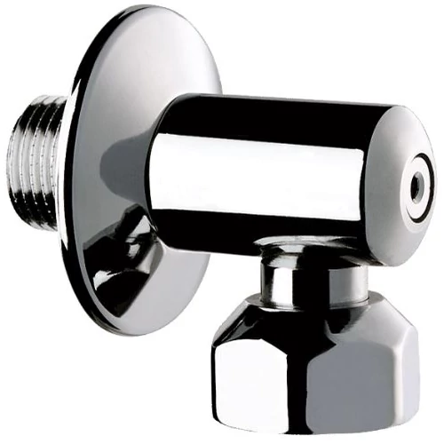 DELABIE falon kívüli könyökcsatlakozó integrált elzárószelep takarótárcsával, M1/2" - F1/2" csatlakozásokkal, sárgaréz, krómozott fényes