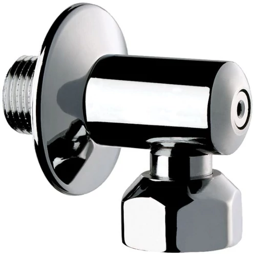 DELABIE falon kívüli könyökcsatlakozó integrált elzárószelep takarótárcsával, M1/2" - F3/4" csatlakozásokkal, sárgaréz, krómozott fényes