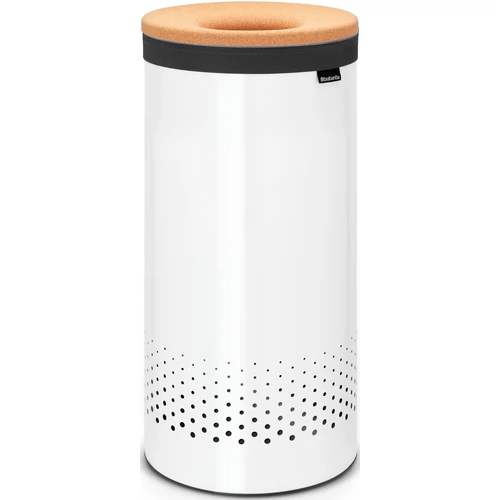 Brabantia Laundry Bin szennyestartó szellőző nyílásokkal, tépőzáras, mosható szennyesgyűjtő zsák, henger forma, közepes méret 35L, parafa fedő, acél, fehér - 104367