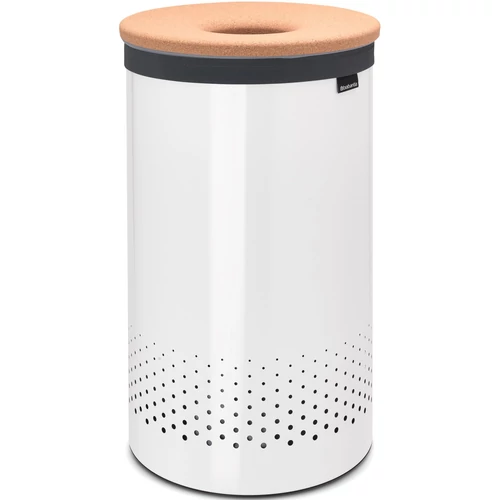 Brabantia Laundry Bin szennyestartó szellőző nyílásokkal, tépőzáras, mosható szennyesgyűjtő zsák, henger forma, nagy méret 60L, parafa fedő, acél, fehér - 104404