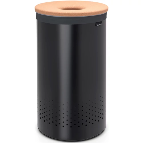 Brabantia Laundry Bin szennyestartó szellőző nyílásokkal, tépőzáras, mosható szennyesgyűjtő zsák, henger forma, nagy méret 60L, parafa fedő, acél, matt fekete - 120022