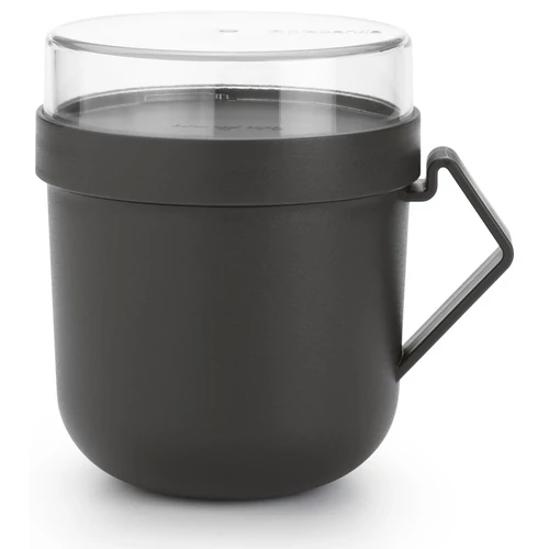 Brabantia Make & Take Soup Mug leveses bögre, 600 ml, hőálló fogantyú, beépített gőzkieresztő szelep, felső tárolórekesz, szivárgás- és légmentes záródás, BPA mentes műanyag, sötétszürke - 203824