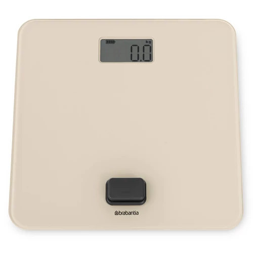 Brabantia ReNew elemmentes fürdőszobai mérleg, 5-150kg között, 0,1kg pontossággal mér, nagy LED kijelzővel, dimanóval tölthető, műanyag test, üveg fedlap, világos bézs - 223525