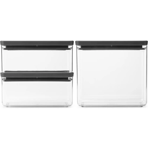Brabantia tárolóedény készlet, 3db-os, 2x1,5L/1x3,5L, egymásra rakható, légmentes záródás, szögletes, sötétszürke, átlátszó műanyag tartály - 230783