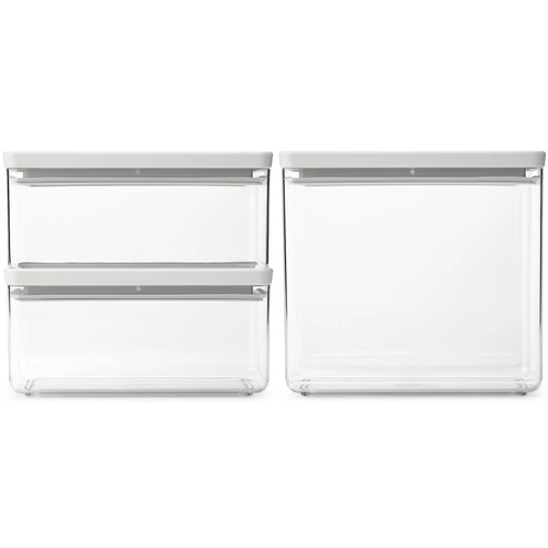 Brabantia tárolóedény készlet, 3db-os, 2x1,5L/1x3,5L, egymásra rakható, légmentes záródás, szögletes, világosszürke, átlátszó műanyag tartály - 230806