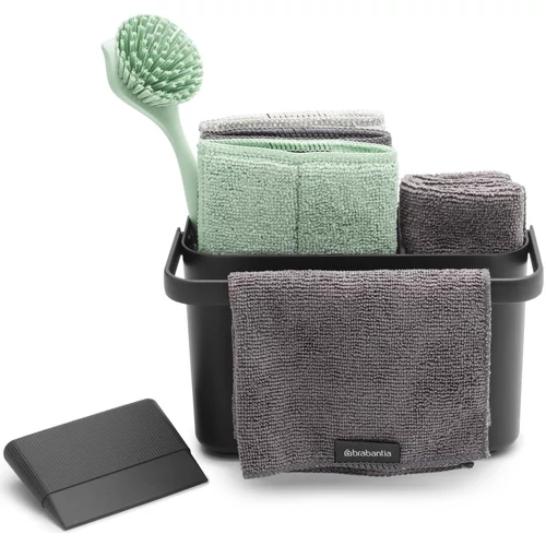 Brabantia SinkSide Cleaning Set konyhai tisztító szett 8db-os, szervező / mosogatókefe / vízlehúzó / 3db mikroszálas tisztítópárna / 2db mikroszálas tisztítókendő, sötétszürke, jáde zöld - 233340
