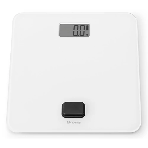 Brabantia ReNew elemmentes fürdőszobai mérleg, 5-150kg között, 0,1kg pontossággal mér, nagy LED kijelzővel, dimanóval tölthető, műanyag test, üveg fedlap, fehér - 281365