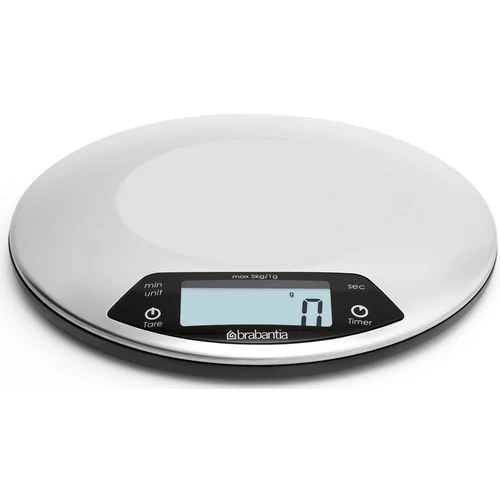 Brabantia Profile digitális konyhai mérleg időzítővel, 5kg teherbírás, 1g pontosság, megvilágított LCD kijelző, elemes, r.m. acél, selyem matt - 480560