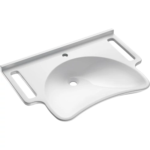 DELABIE PMR vandálbiztos akadálymentes mosdó konkáv kialakítással MINERALCAST műgyanta - kőzet kompozitból, fix, oldalsó kapaszkodókkal, fehér