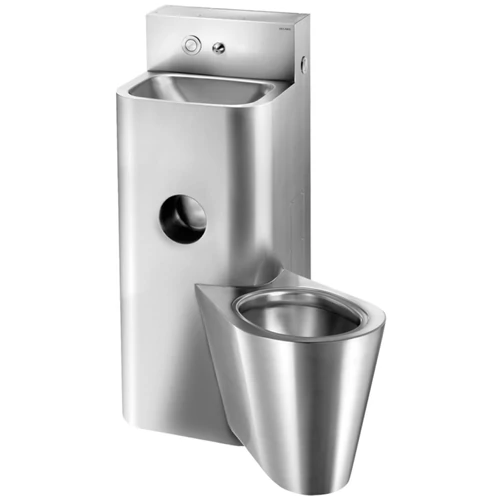 DELABIE kompakt fali börtön szaniter - blokkolásgátlós csappal szerelt vandálbiztos kézmosó, direkt öblítésű jobbos függő WC-vel, r.m. acél, 2 mm