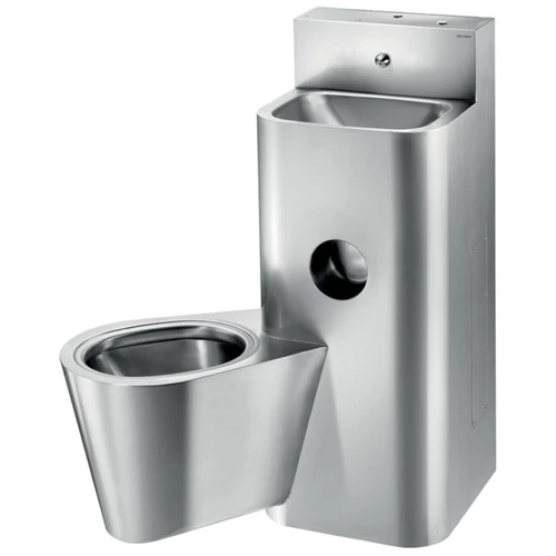 DELABIE kompakt fali börtön szaniter - blokkolásgátlós csappal szerelt vandálbiztos kézmosó, direkt öblítésű balos függő WC-vel, r.m. acél, 2 mm