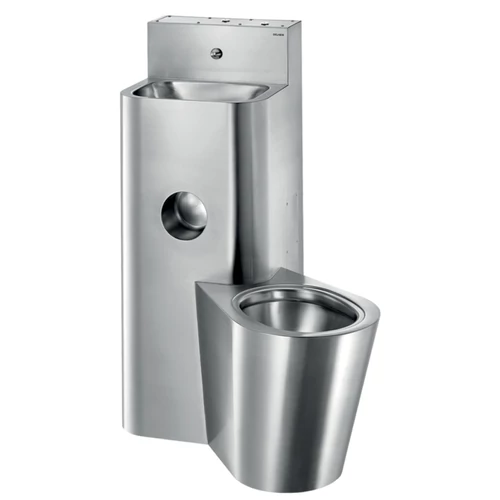 DELABIE kompakt fali börtön szaniter - blokkolásgátlós csappal szerelt vandálbiztos kézmosó, direkt öblítésű jobbos álló WC-vel, r.m. acél, 2 mm