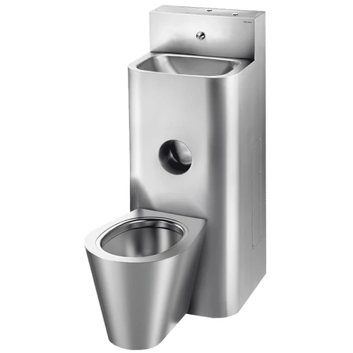 DELABIE kompakt fali börtön szaniter - blokkolásgátlós csappal szerelt vandálbiztos kézmosó, direkt öblítésű középső álló WC-vel, r.m. acél, 2 mm