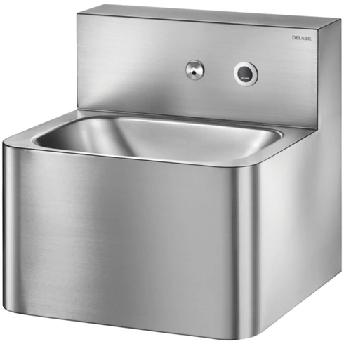 DELABIE TEK vandálbiztos fali kézmosó zárt testtel kevert vízre, infra csap 230V, rongálásbiztos kifolyófej, r.m. acél 1,2mm