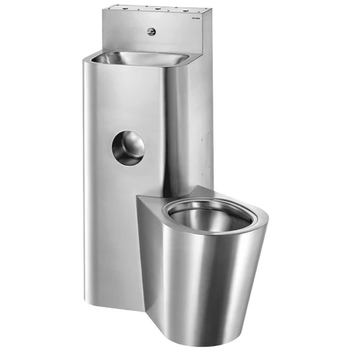 DELABIE kompakt fali börtön szaniter - duális nyomógomb vezérlésű vandálbiztos kézmosóval, direkt öblítésű jobbos álló WC-vel, r.m. acél, 2 mm