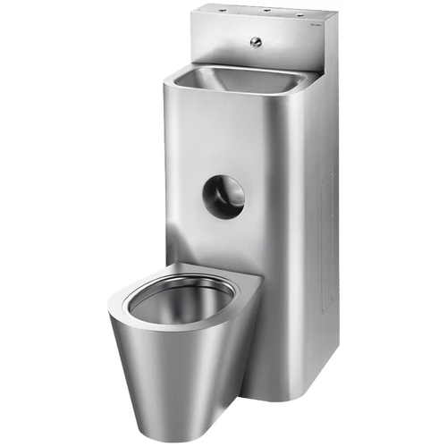 DELABIE kompakt fali börtön szaniter - duális nyomógomb vezérlésű vandálbiztos kézmosóval, direkt öblítésű középső álló WC-vel, r.m. acél, 2 mm