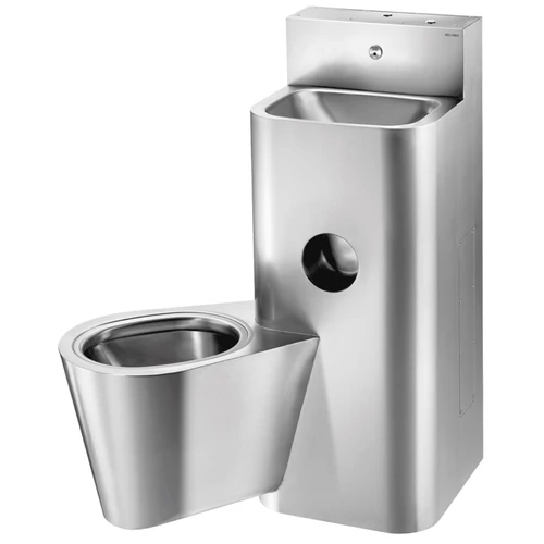 DELABIE kompakt fali börtön szaniter - blokkolásgátlós csappal szerelt vandálbiztos kézmosó, öblítőtartályos balos függő WC-vel, r.m. acél, 2 mm