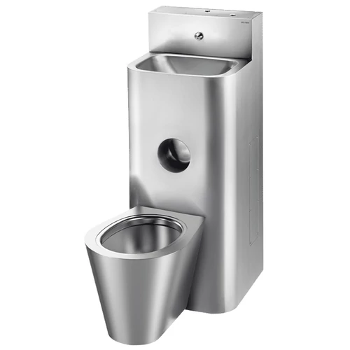 DELABIE kompakt fali börtön szaniter - blokkolásgátlós csappal szerelt vandálbiztos kézmosó, öblítőtartályos középső álló WC-vel, r.m. acél, 2 mm