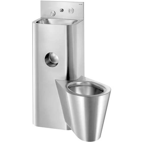 DELABIE kompakt szervizfolyosós börtön szaniter - blokkolásgátlós csappal szerelt vandálbiztos kézmosó, direkt öblítésű jobbos függő WC-vel, r.m. acél, 2 mm