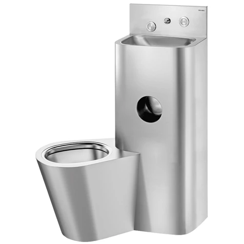 DELABIE kompakt szervizfolyosós börtön szaniter - blokkolásgátlós csappal szerelt vandálbiztos kézmosó, direkt öblítésű balos álló WC-vel, r.m. acél, 2 mm