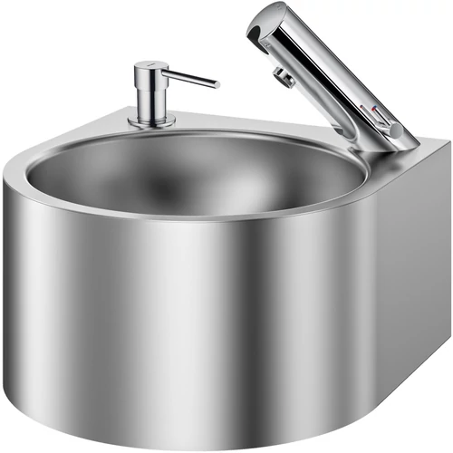 Rozsdamentes acél fali kézmosó szifontakaró nélkül, selyem, 1,2 mm, keverőkaros DELABIE TEMPOMATIC MIX 4 infracsappal, 6V elemes, beépített szappanadagolóval